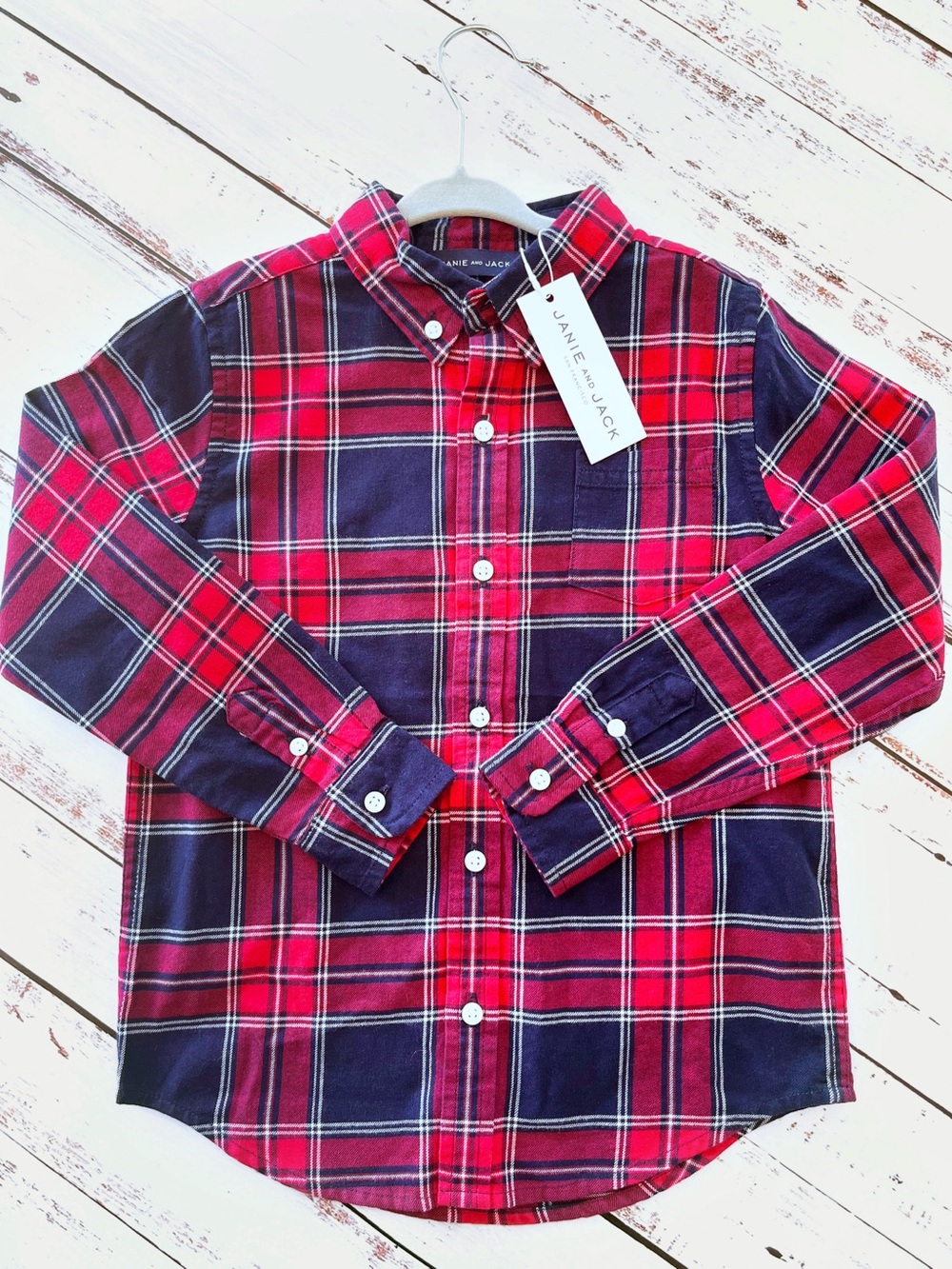 Janie and Jack Boys Size 5 Plaid flannel Button Down Shirt Red/Blue/White